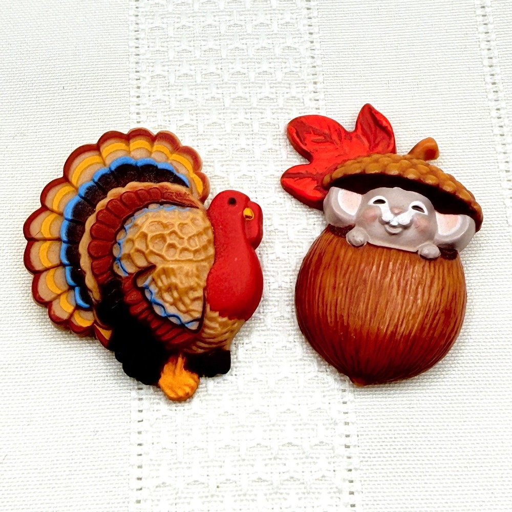 2 Hallmark Vintage Autumn Brooches of Mouse in Acorn and Thanksgiving Turkey